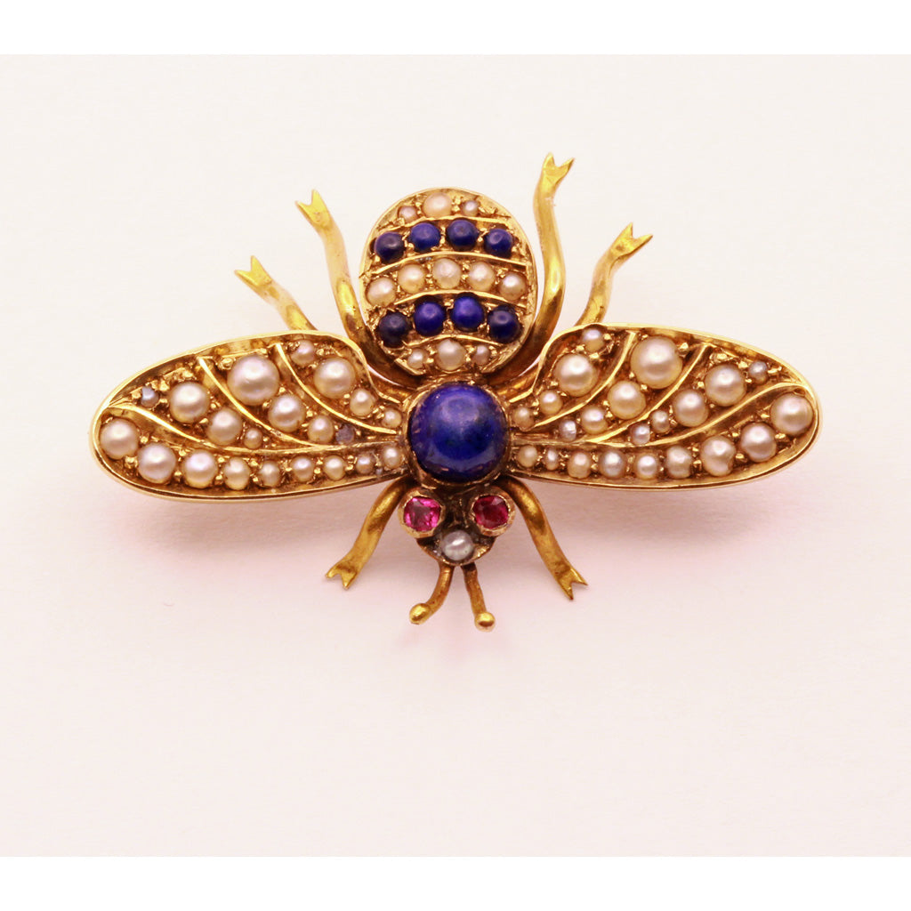 Antique Victorian Brooch Bee Gold lapis lazuli pearls rubies bee Unisex (7366)