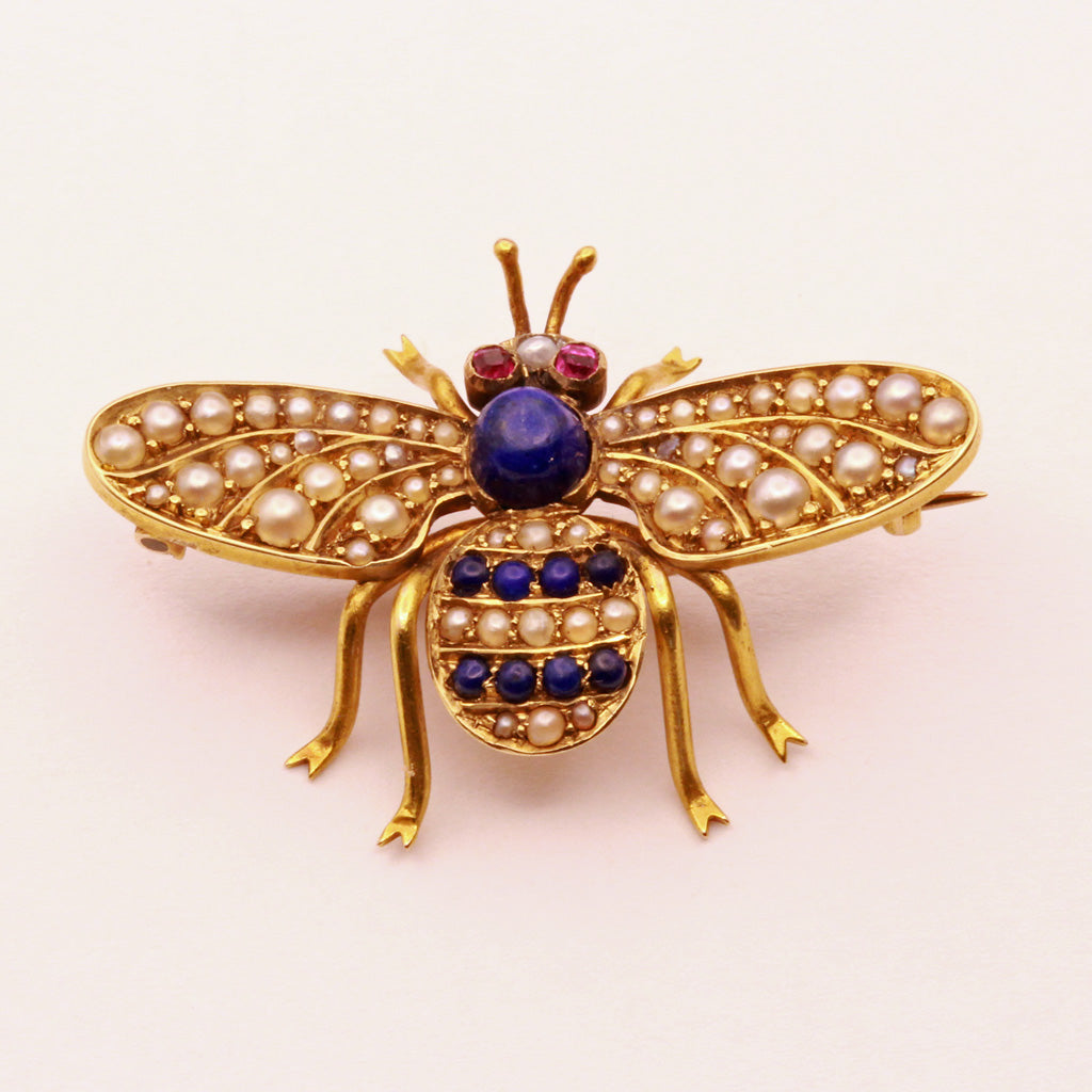 Antique Victorian Brooch Bee Gold lapis lazuli pearls rubies bee Unisex (7366)