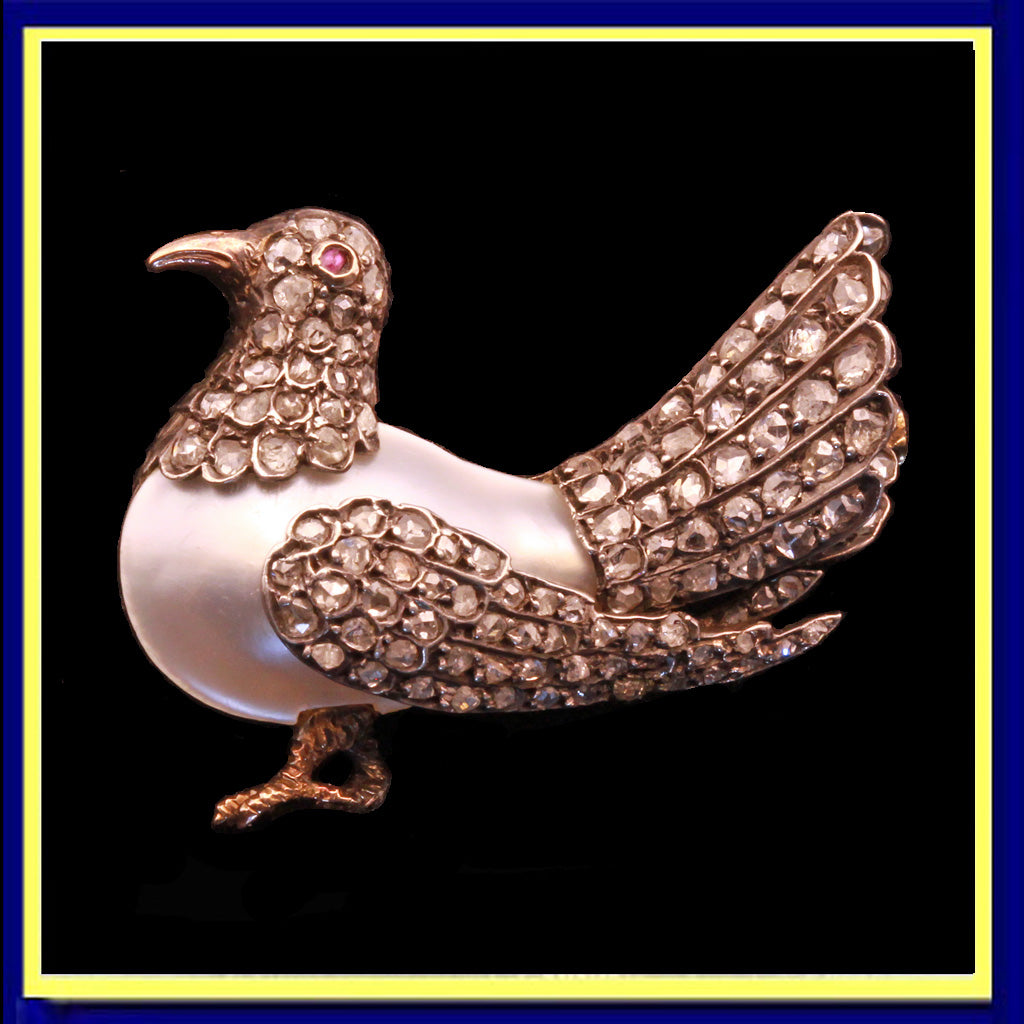 Antique Victorian brooch gold silver pearl diamonds French Dove of Peace (7367)