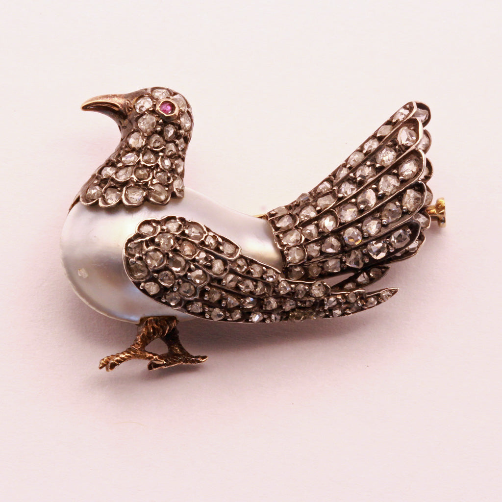 Antique Victorian brooch gold silver pearl diamonds French Dove of Peace (7367)