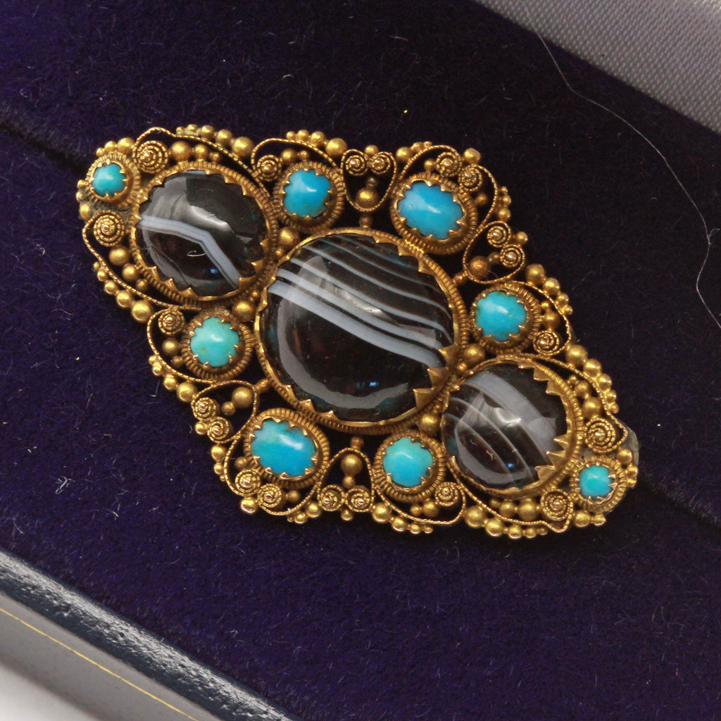 Antique Georgian brooch cannetille gold agate turquoise English Unisex (7386)