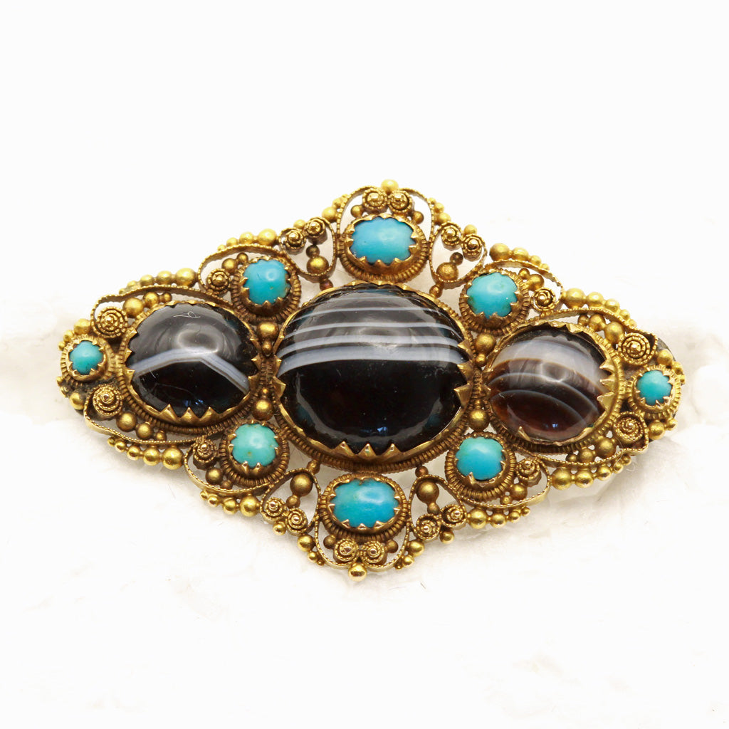 Antique Georgian brooch cannetille gold agate turquoise English Unisex (7386)