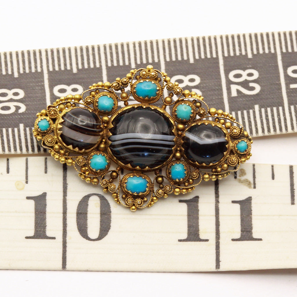 Antique Georgian brooch cannetille gold agate turquoise English Unisex (7386)