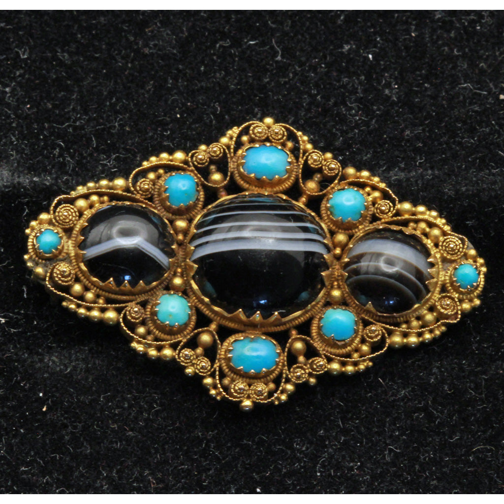 Antique Georgian brooch cannetille gold agate turquoise English Unisex (7386)