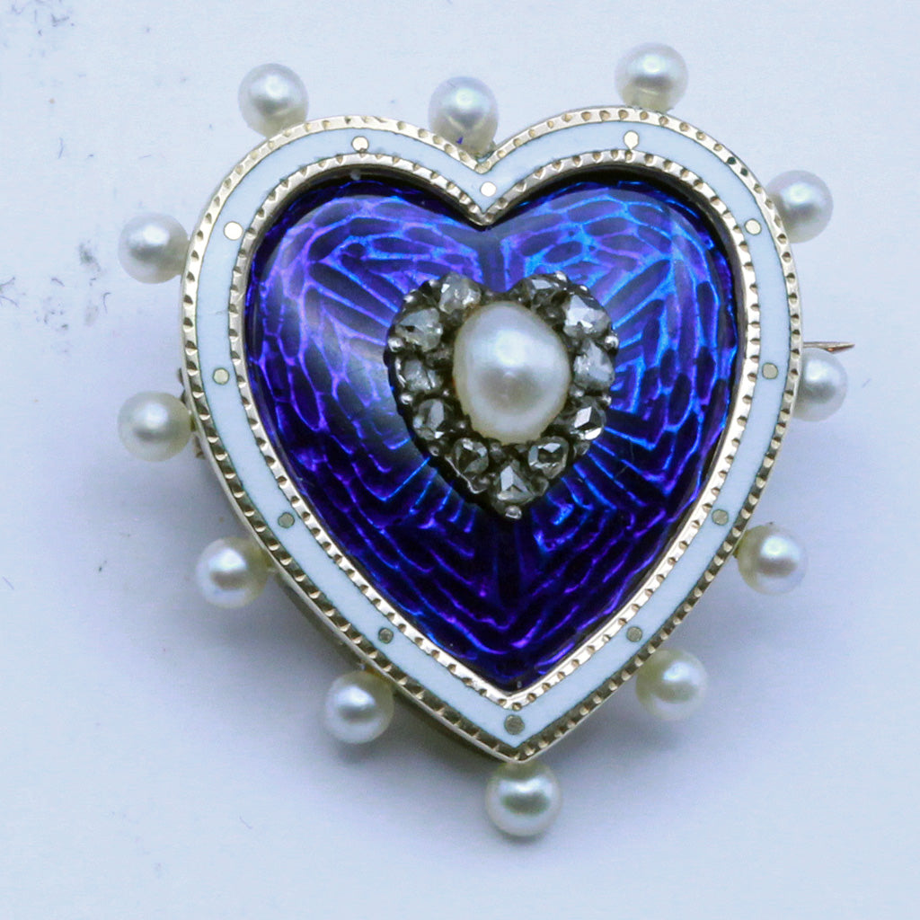 Antique Victorian heart Pendant Brooch Locket Gold Enamel Pearls Diamonds (7391)