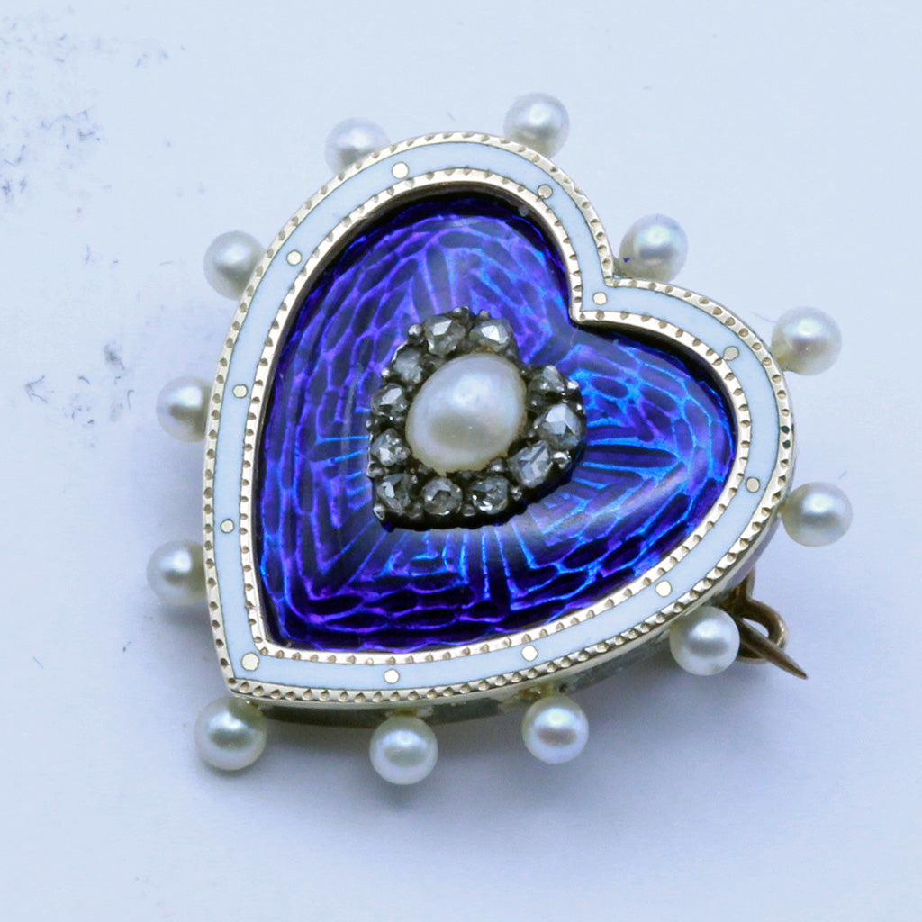 Antique Victorian heart Pendant Brooch Locket Gold Enamel Pearls Diamonds (7391)
