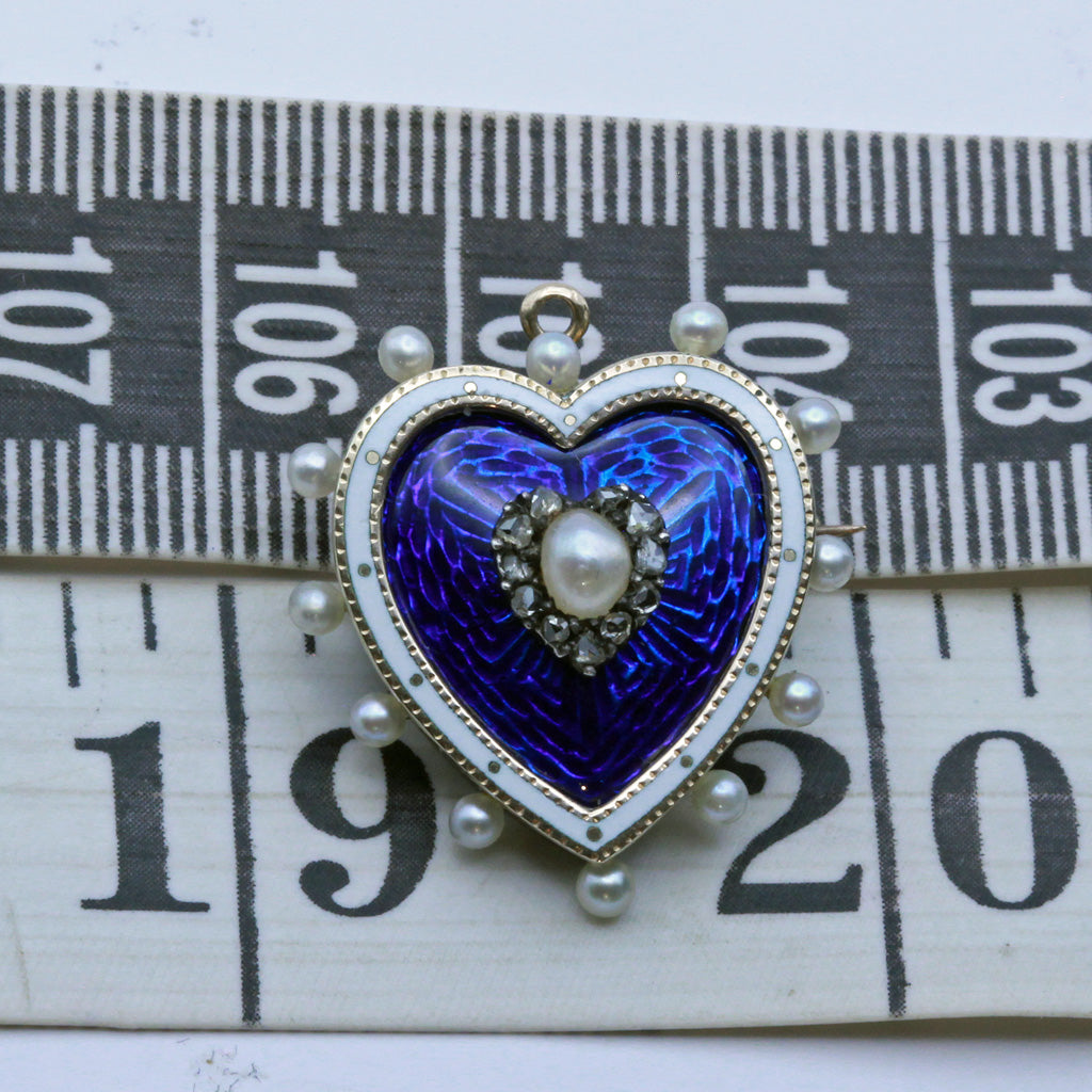 Antique Victorian heart Pendant Brooch Locket Gold Enamel Pearls Diamonds (7391)