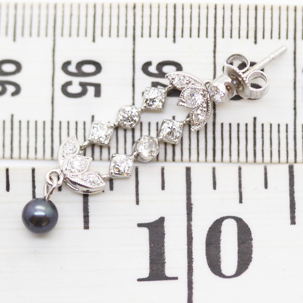 Vintage Art Deco Platinum Diamond Earrings Ear Pendants w black Pearls (6036)