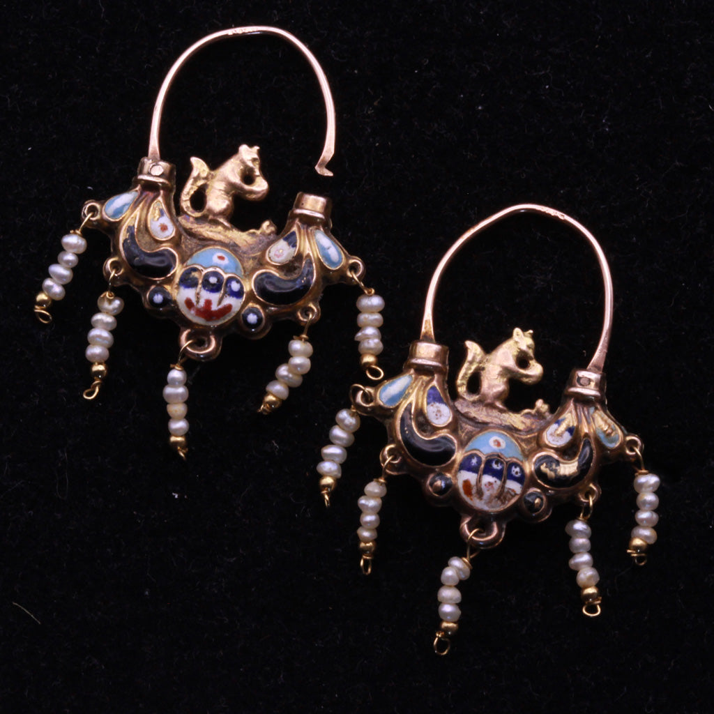 Antique Georgian Empire earrings gold enamel pearls squirrels Sicilian 18C(7300)