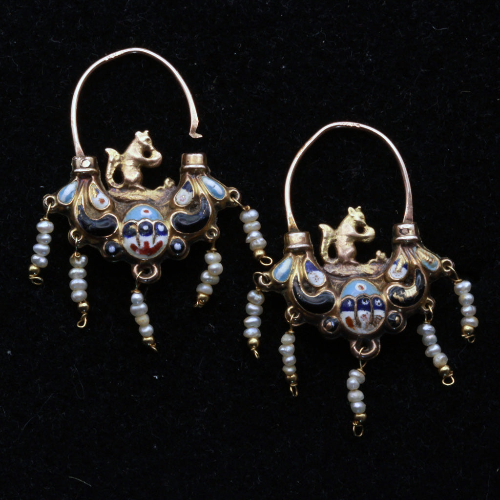 Antique Georgian Empire earrings gold enamel pearls squirrels Sicilian 18C(7300)