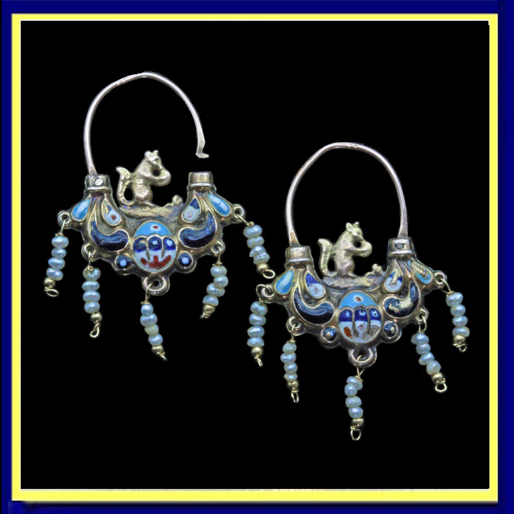 antique Georgian Empire earrings gold enamel pearls squirrels Sicilian