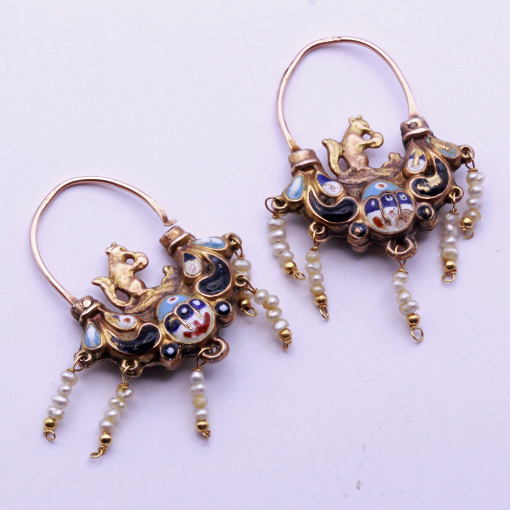Antique Georgian Empire earrings gold enamel pearls squirrels Sicilian 18C(7300)