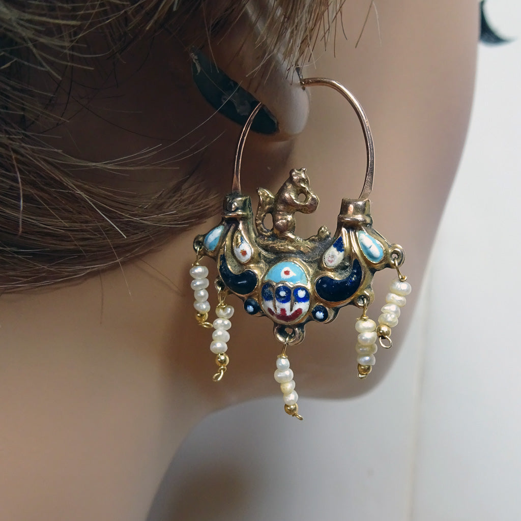 Antique Georgian Empire earrings gold enamel pearls squirrels Sicilian 18C(7300)