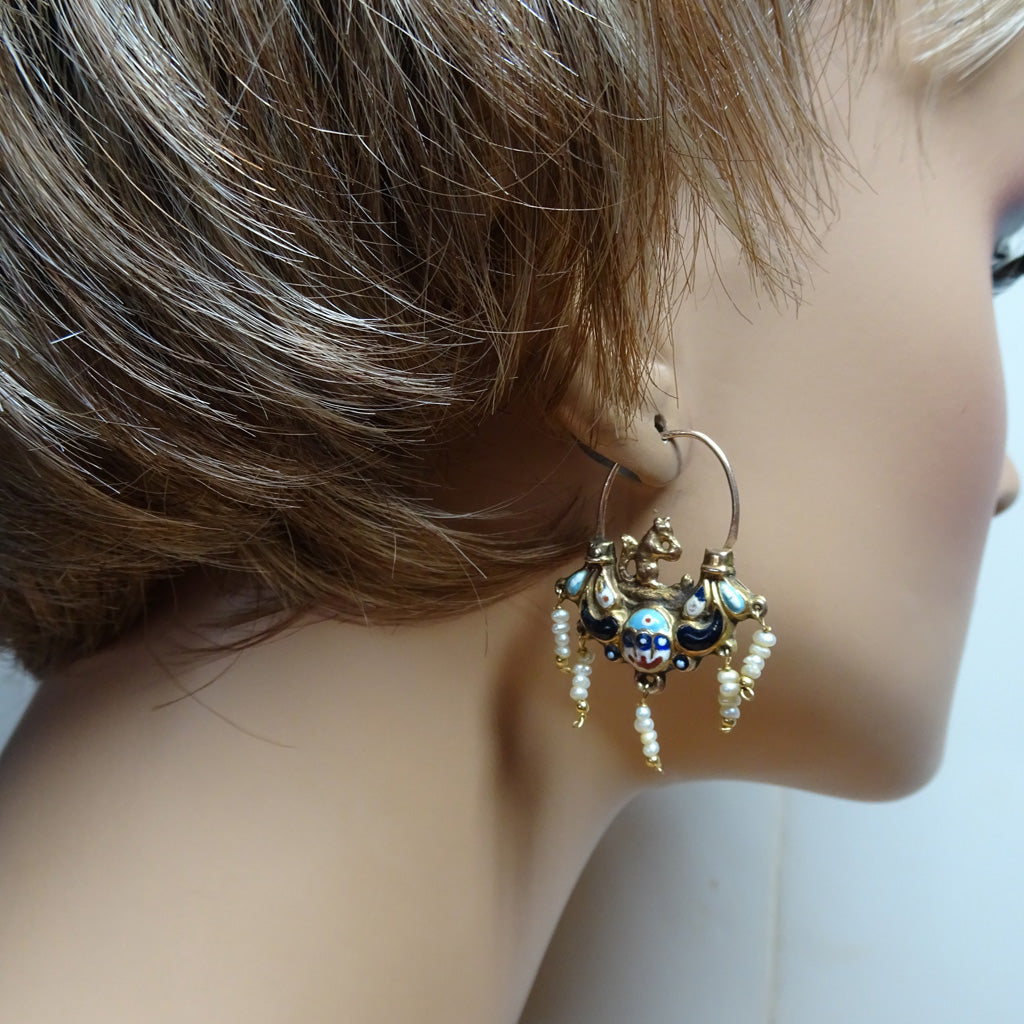Antique Georgian Empire earrings gold enamel pearls squirrels Sicilian 18C(7300)