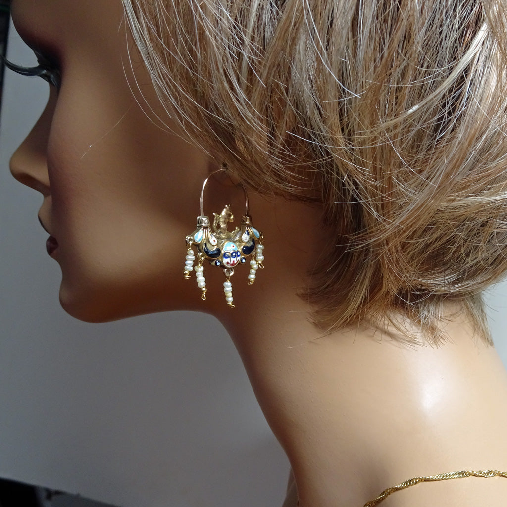Antique Georgian Empire earrings gold enamel pearls squirrels Sicilian 18C(7300)