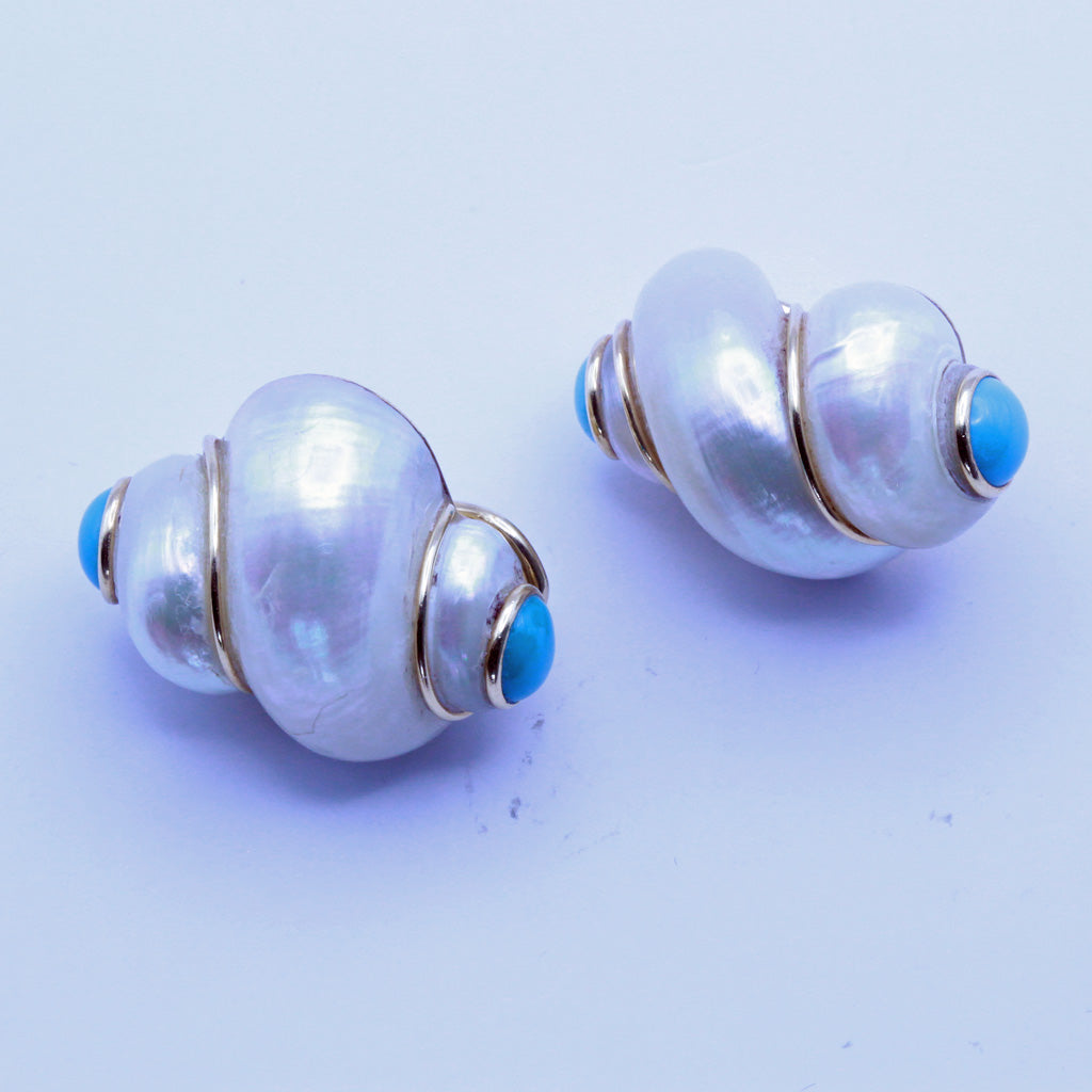 Vintage Earrings MAZ Turbo Shells 14k gold and turquoise (7309)