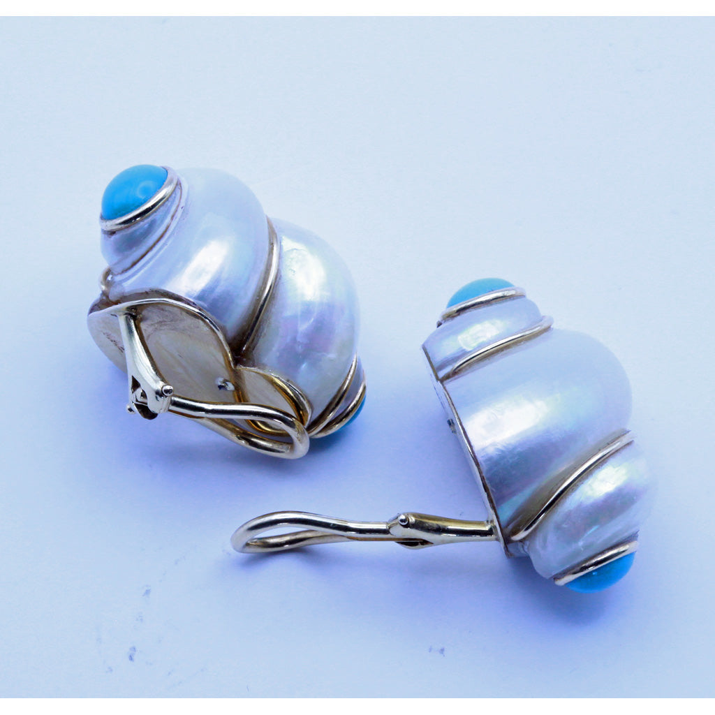 Vintage Earrings MAZ Turbo Shells 14k gold and turquoise (7309)