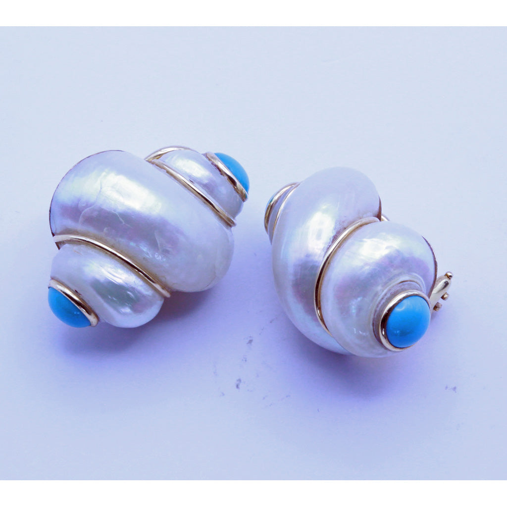 Vintage Earrings MAZ Turbo Shells 14k gold and turquoise (7309)