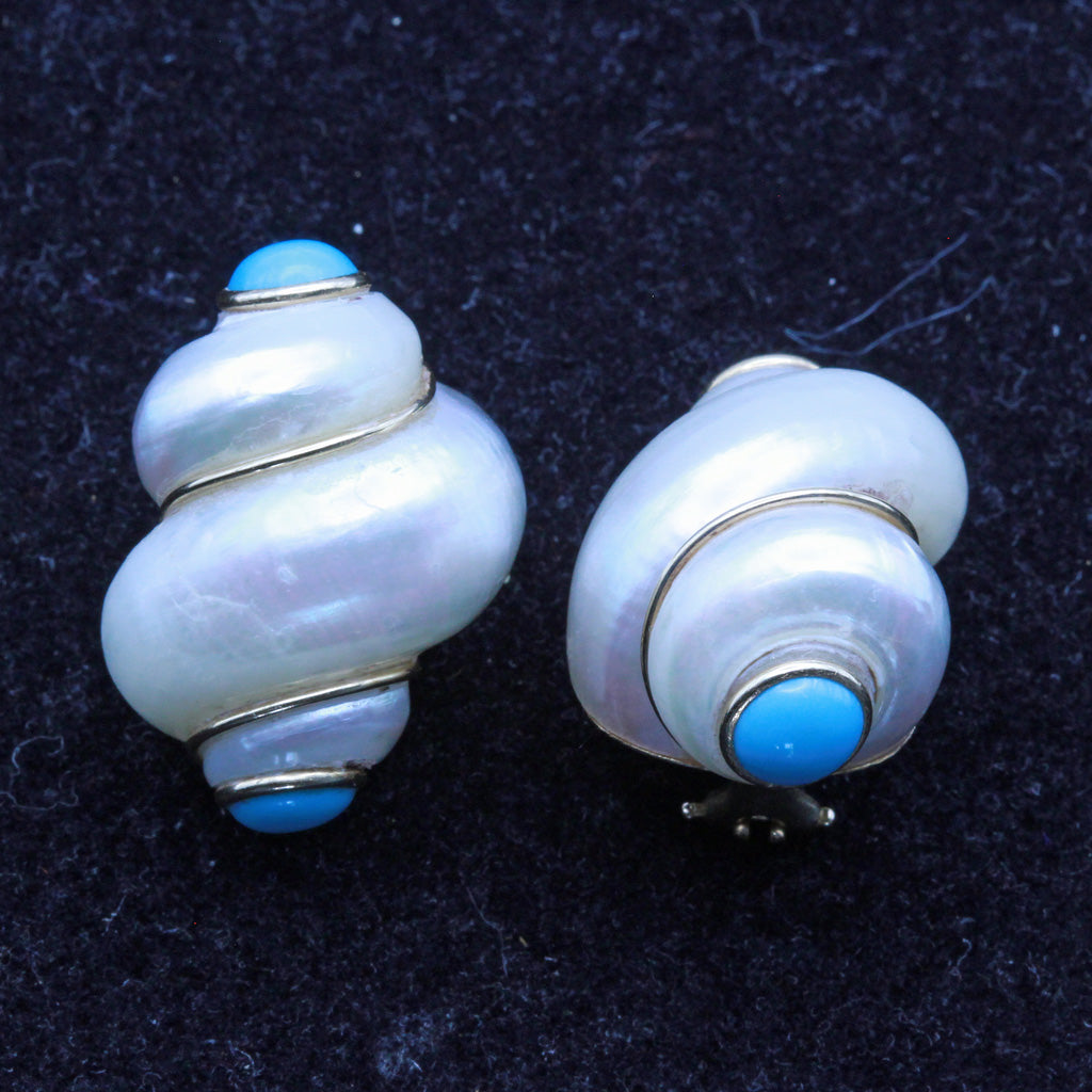 Vintage Earrings MAZ Turbo Shells 14k gold and turquoise (7309)