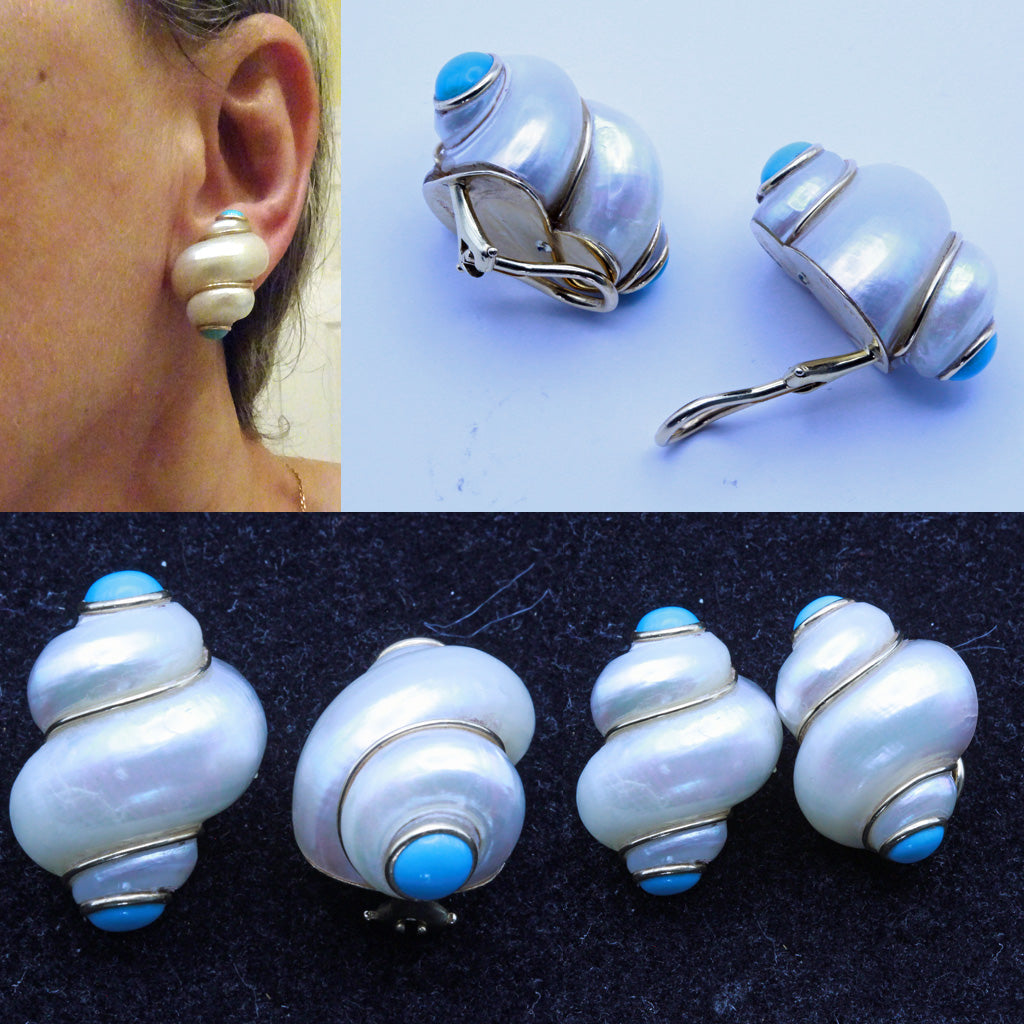 Vintage Earrings MAZ Turbo Shells 14k gold and turquoise (7309)