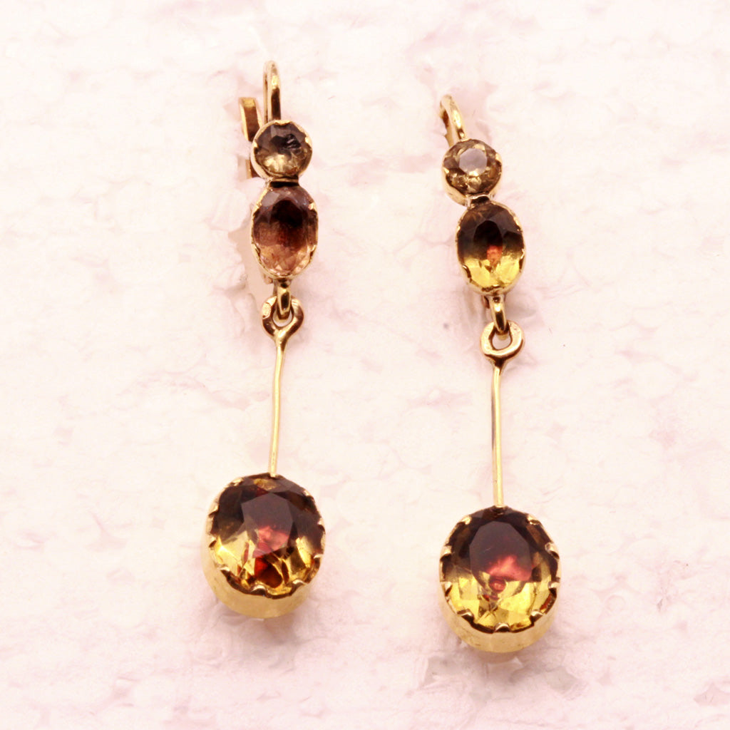 Antique Victorian Earrings 18k gold citrines French long ear pendants (7315)