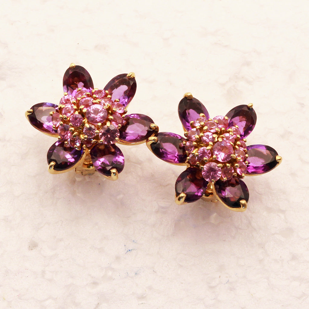 Van Cleef & Arpels Hawaii Earrings pink sapphires amethysts 18k gold signed (7331)