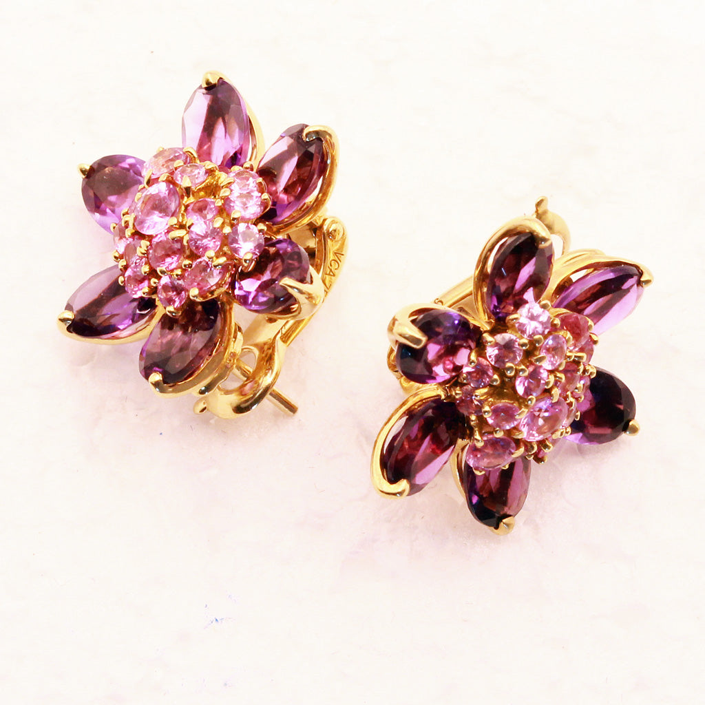 Van Cleef & Arpels Hawaii Earrings pink sapphires amethysts 18k gold signed (7331)