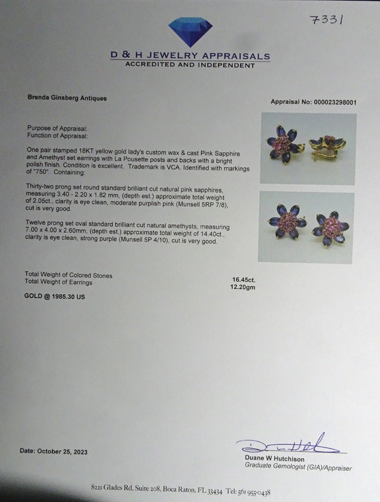 Van Cleef & Arpels Hawaii Earrings pink sapphires amethysts 18k gold signed (7331)
