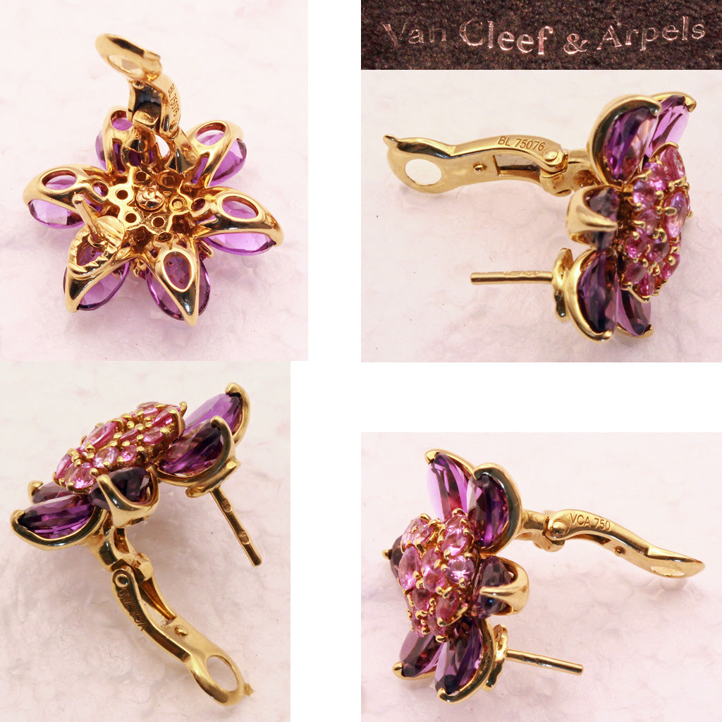 Van Cleef & Arpels Hawaii Earrings pink sapphires amethysts 18k gold signed (7331)