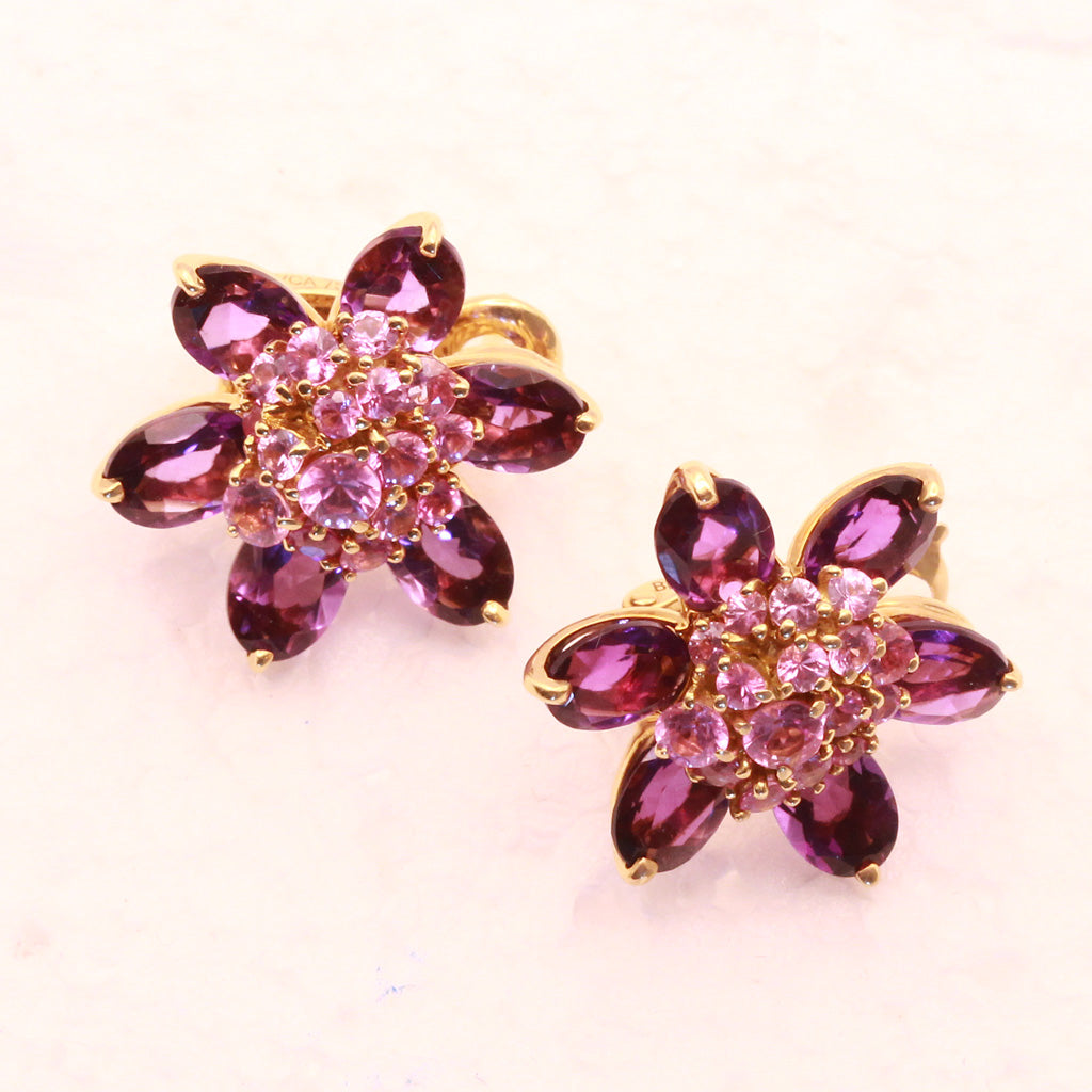 Van Cleef & Arpels Hawaii Earrings pink sapphires amethysts 18k gold signed (7331)