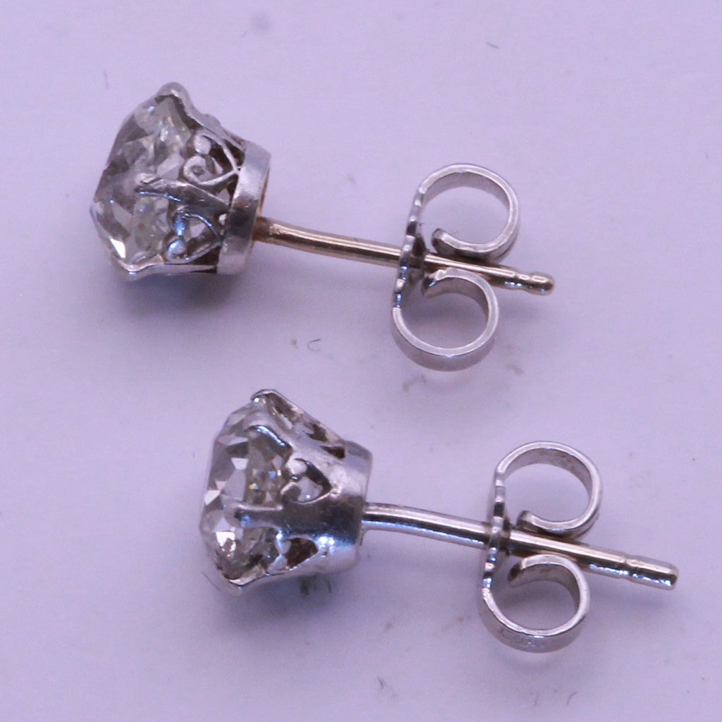 Antique Old Mine Cut Diamond earrings ear studs in white gold English (7333)