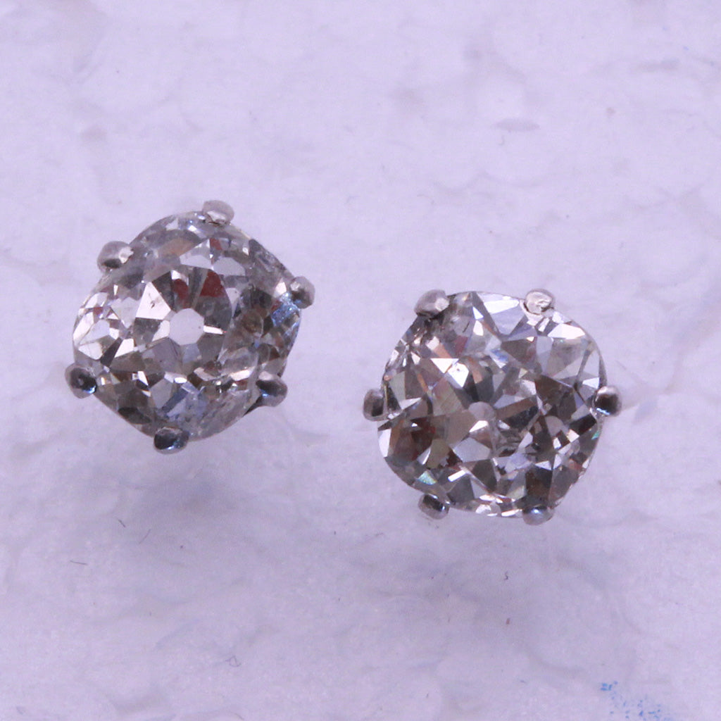 Antique Old Mine Cut Diamond earrings ear studs in white gold English (7333)