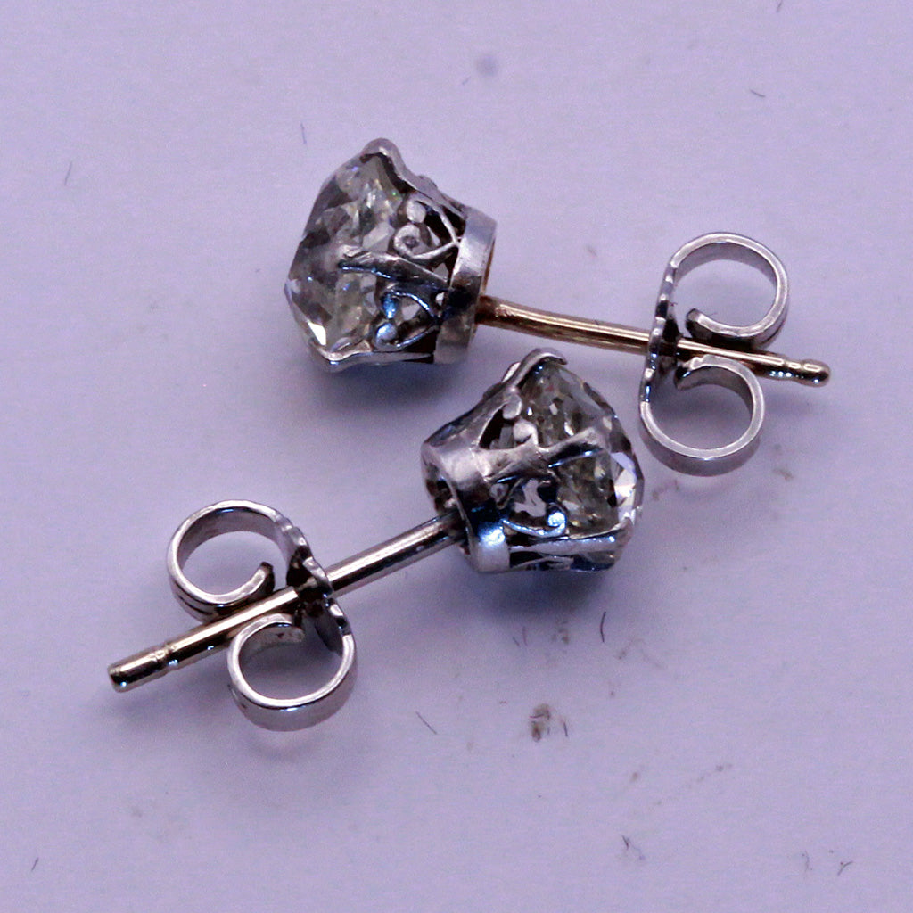 Antique Old Mine Cut Diamond earrings ear studs in white gold English (7333)