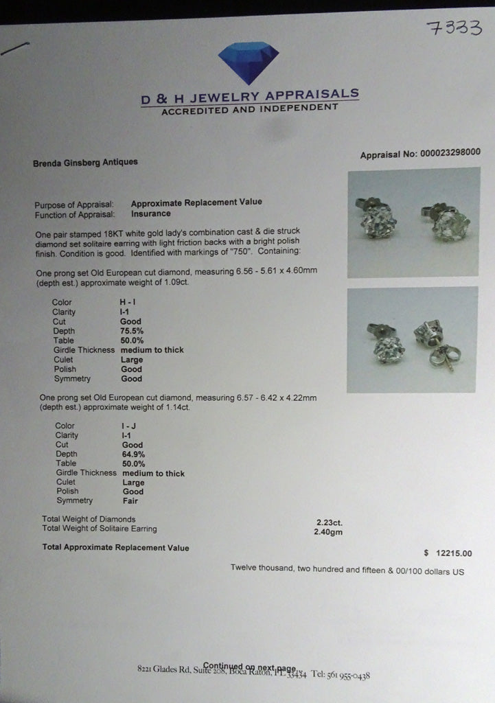 Antique Old Mine Cut Diamond earrings ear studs in white gold English (7333)