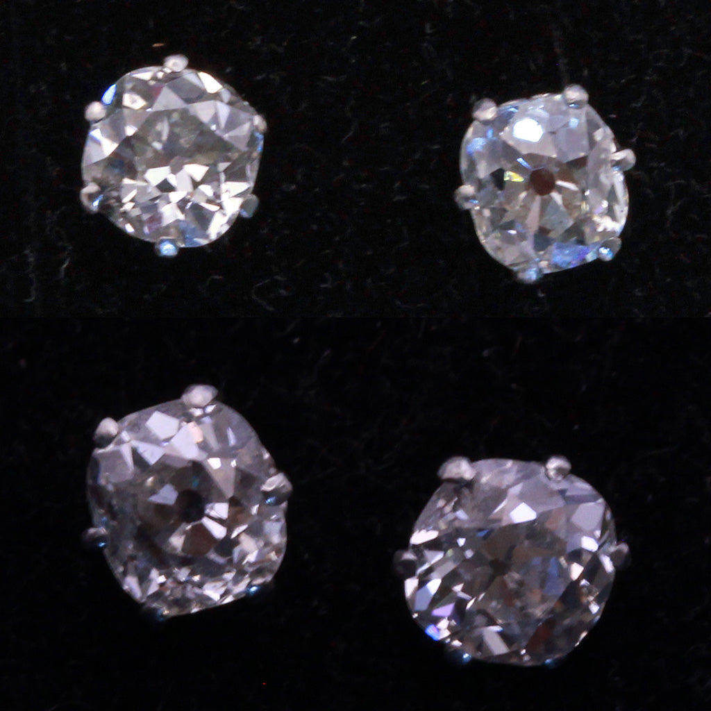 Antique Old Mine Cut Diamond earrings ear studs in white gold English (7333)