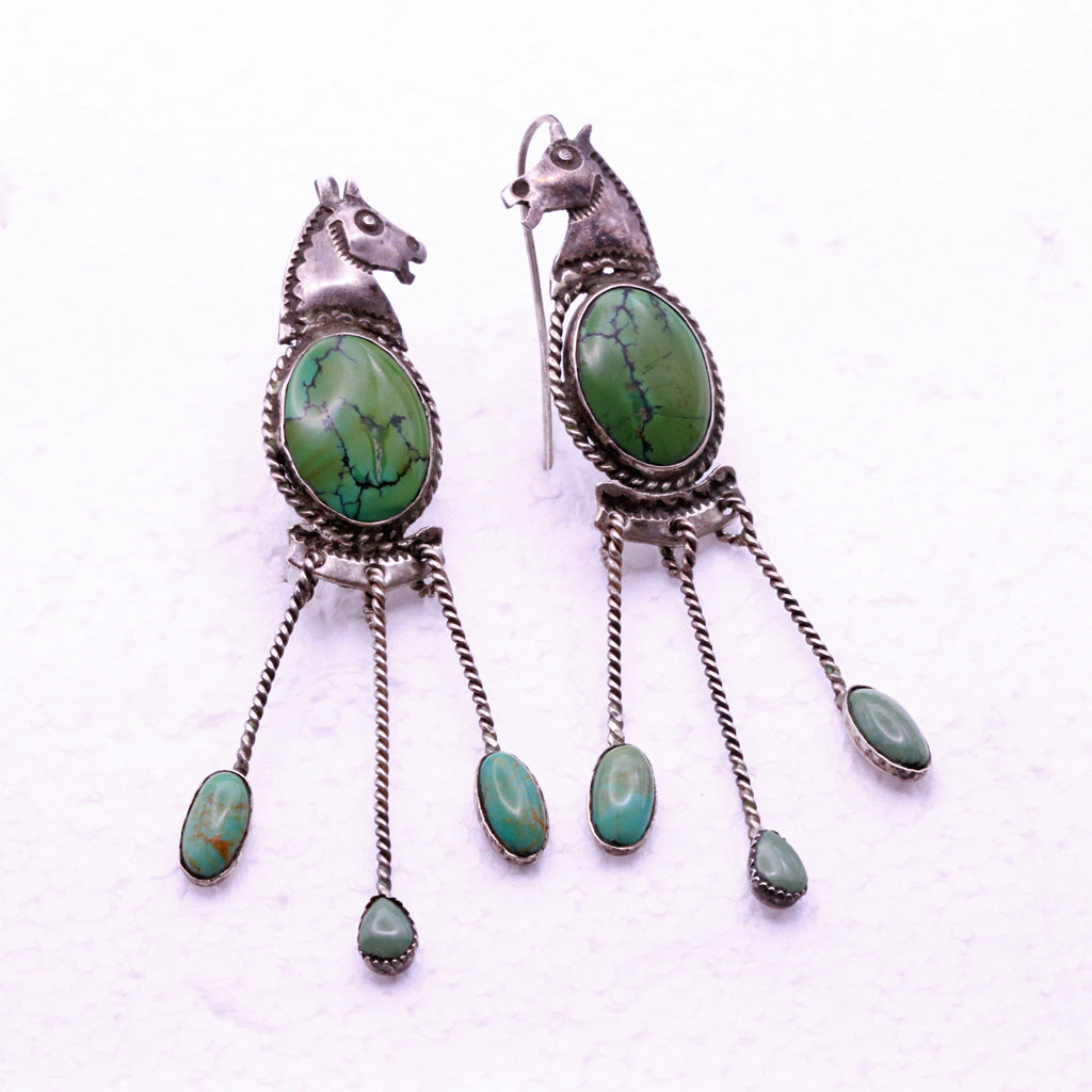 Vintage Earrings Navajo silver natural turquoise horses very long (7334)