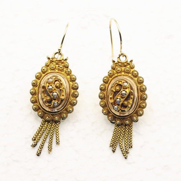 Antique Victorian earrings 14k gold cannetille seed pearls filigree Dutch  (7378)