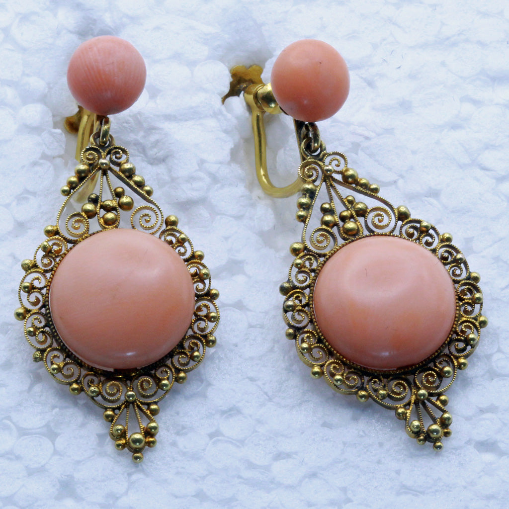 Antique Victorian earrings 14k gold natural coral filigree ear pendants (7379)