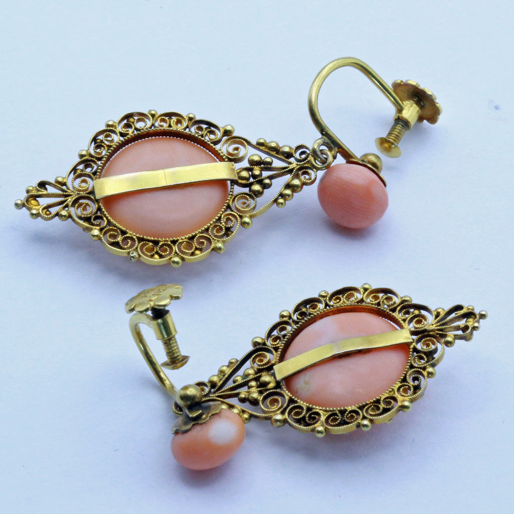 Antique Victorian earrings 14k gold natural coral filigree ear pendants (7379)