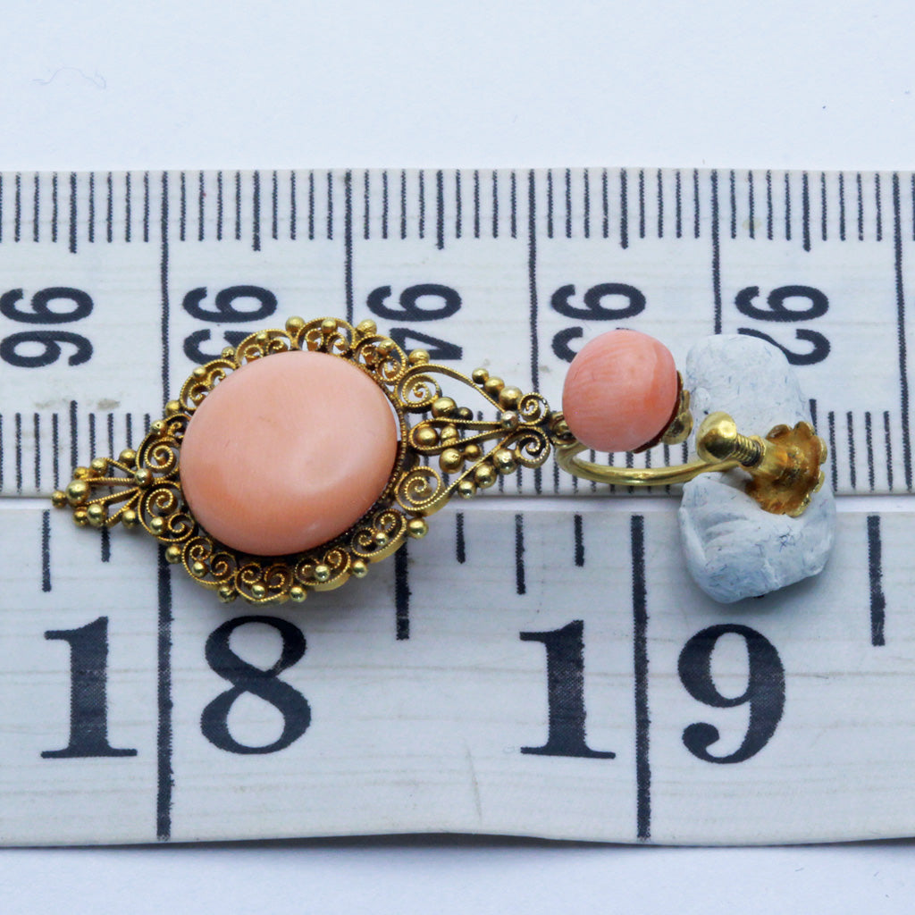 Antique Victorian earrings 14k gold natural coral filigree ear pendants (7379)