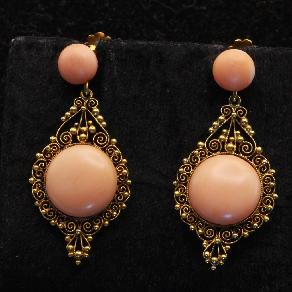 Antique Victorian earrings 14k gold natural coral filigree ear pendants (7379)