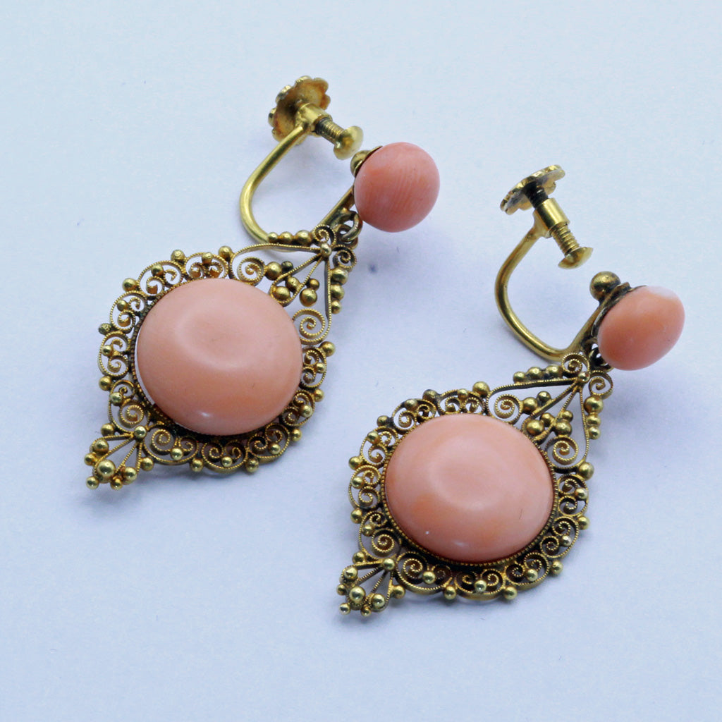 Antique Victorian earrings 14k gold natural coral filigree ear pendants (7379)