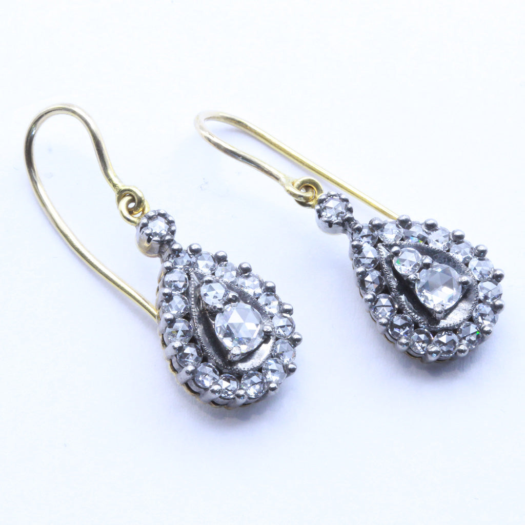 Antique Victorian diamond earrings 18k gold, silver ear pendants Appraisal (7398)