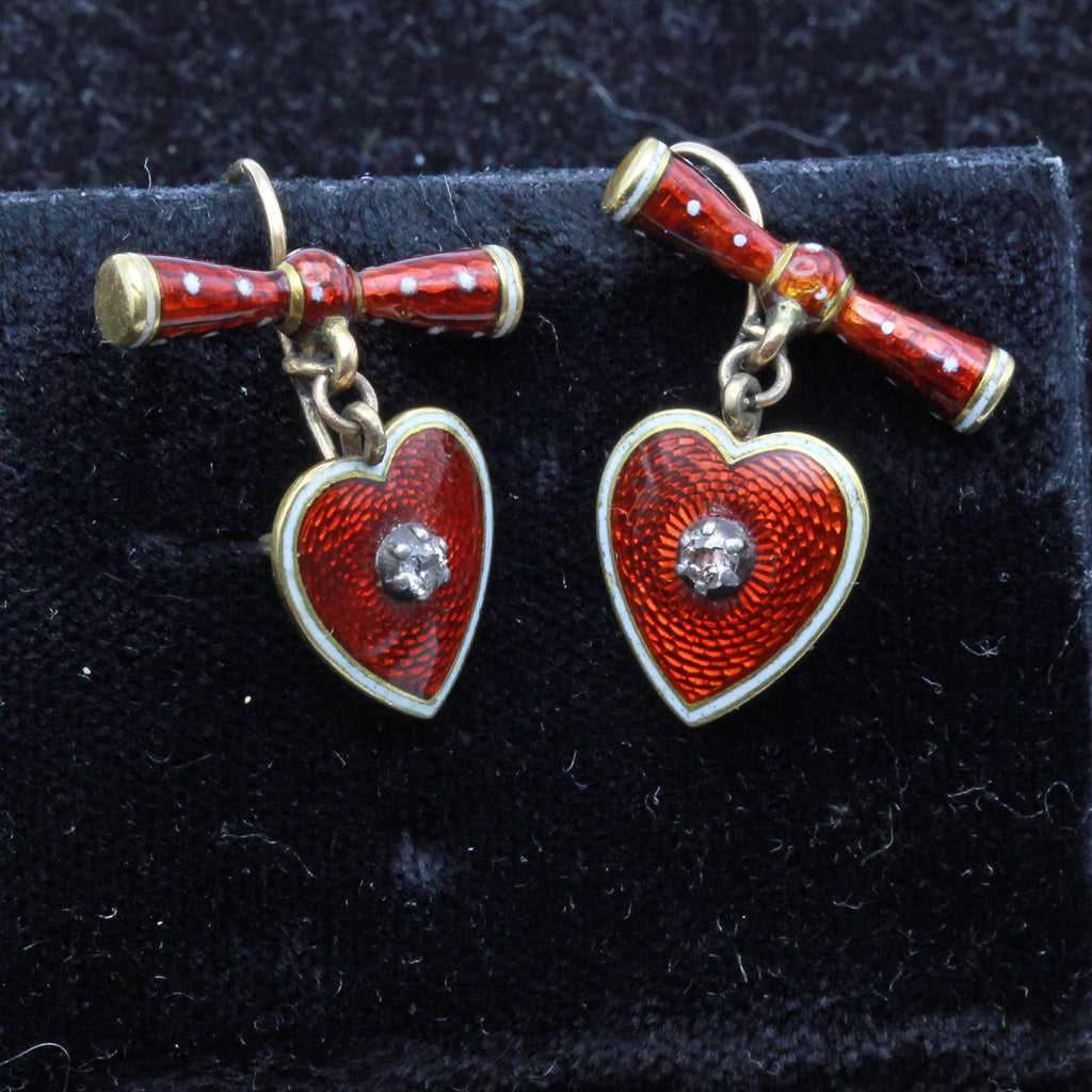 Antique Victorian Earrings 18k gold enamel diamonds Hearts and bows (7399)