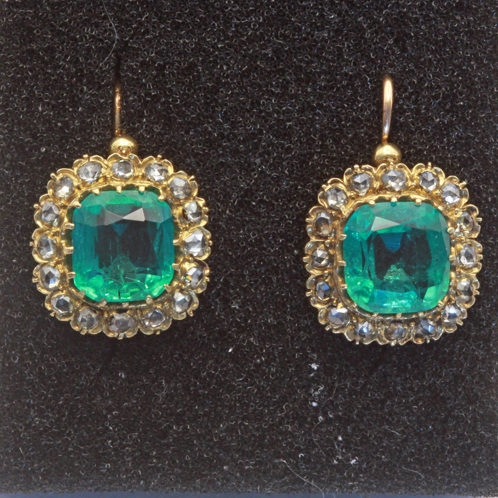 Antique Victorian earrings Emeralds Diamonds Gold ultimate cushion cuts (7410)