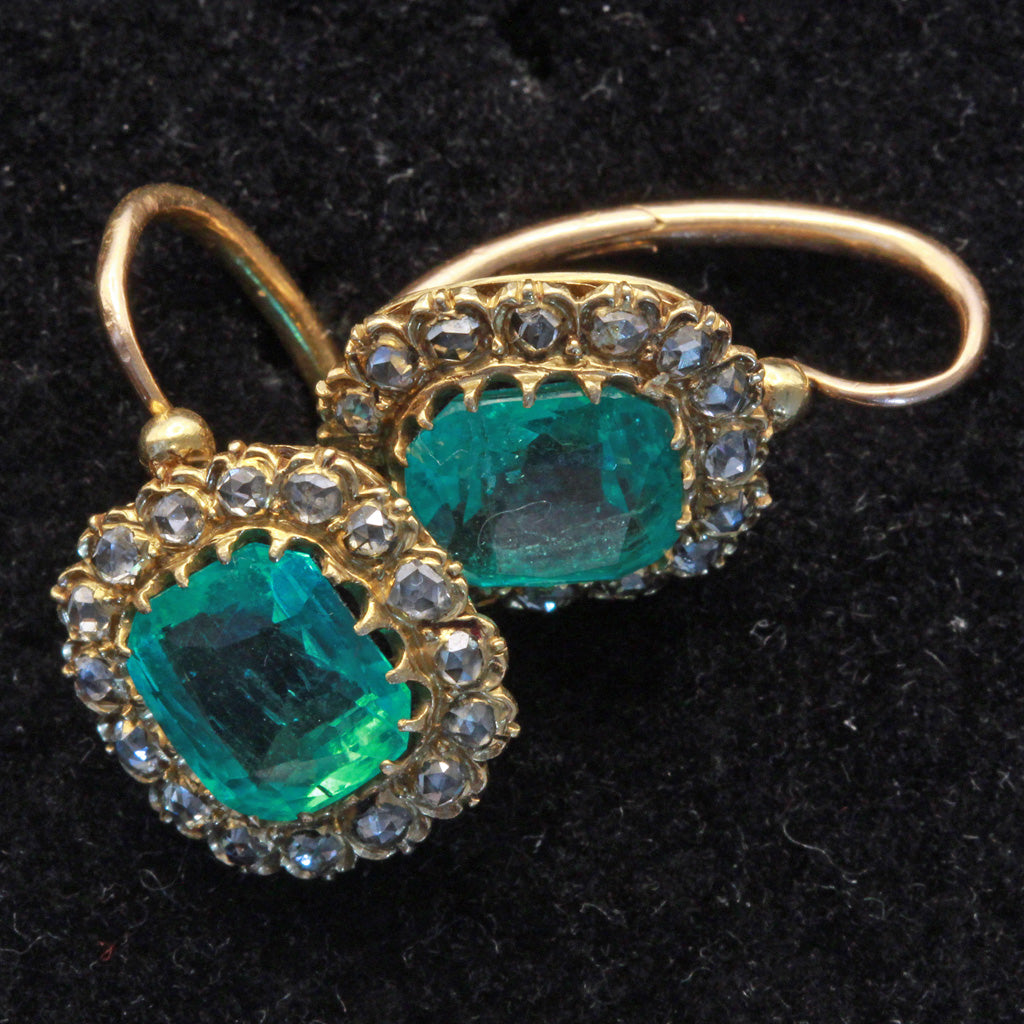 Antique Victorian earrings Emeralds Diamonds Gold ultimate cushion cuts (7410)