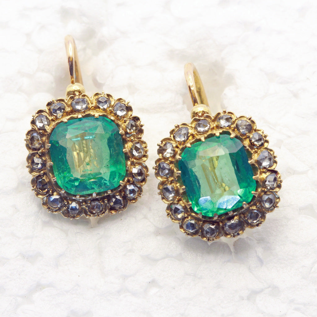 Antique Victorian earrings Emeralds Diamonds Gold ultimate cushion cuts (7410)