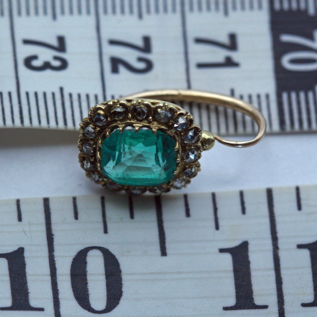 Antique Victorian earrings Emeralds Diamonds Gold ultimate cushion cuts (7410)