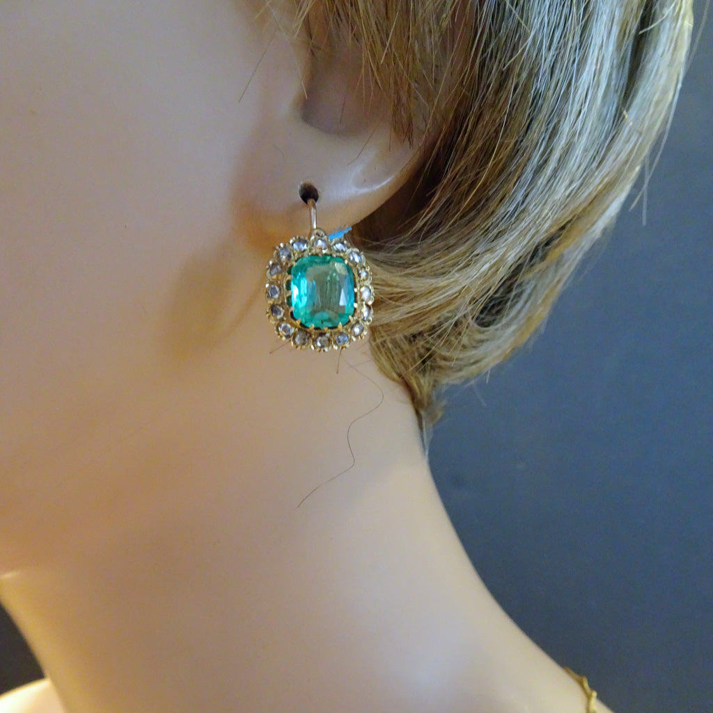 Antique Victorian earrings Emeralds Diamonds Gold ultimate cushion cuts (7410)