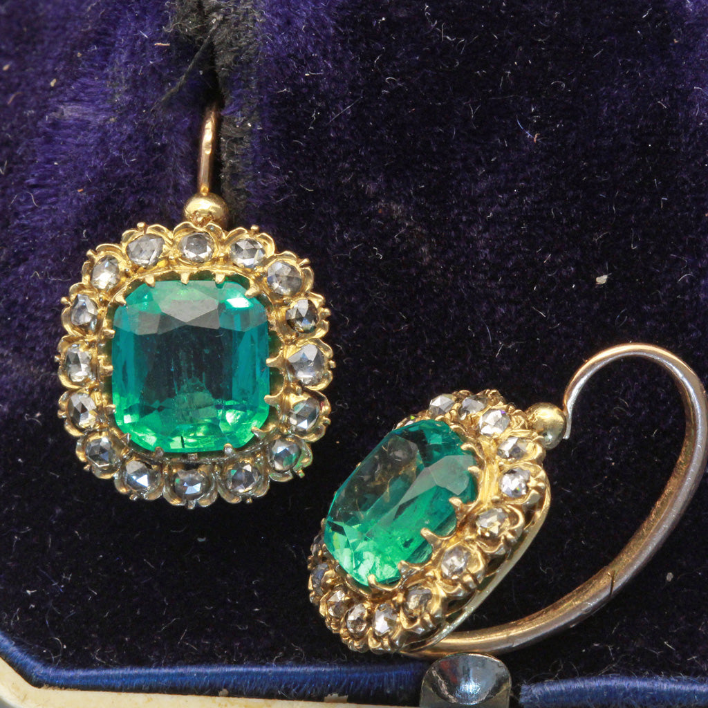 Antique Victorian earrings Emeralds Diamonds Gold ultimate cushion cuts (7410)